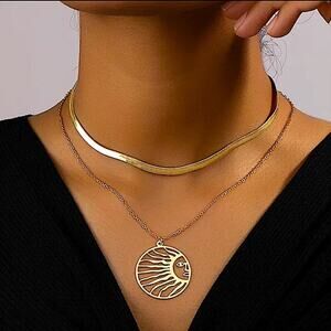 Gold Plated Sun Necklace, Herringbone, Hollow Out, Boho, Multilayer